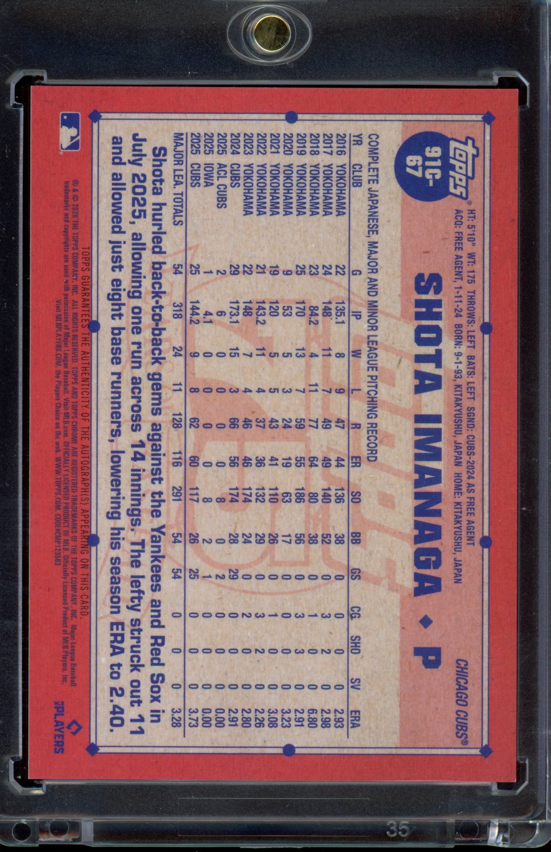 2026 Topps Shota Imanaga Silver Pack 1991 Orange Auto 06/25