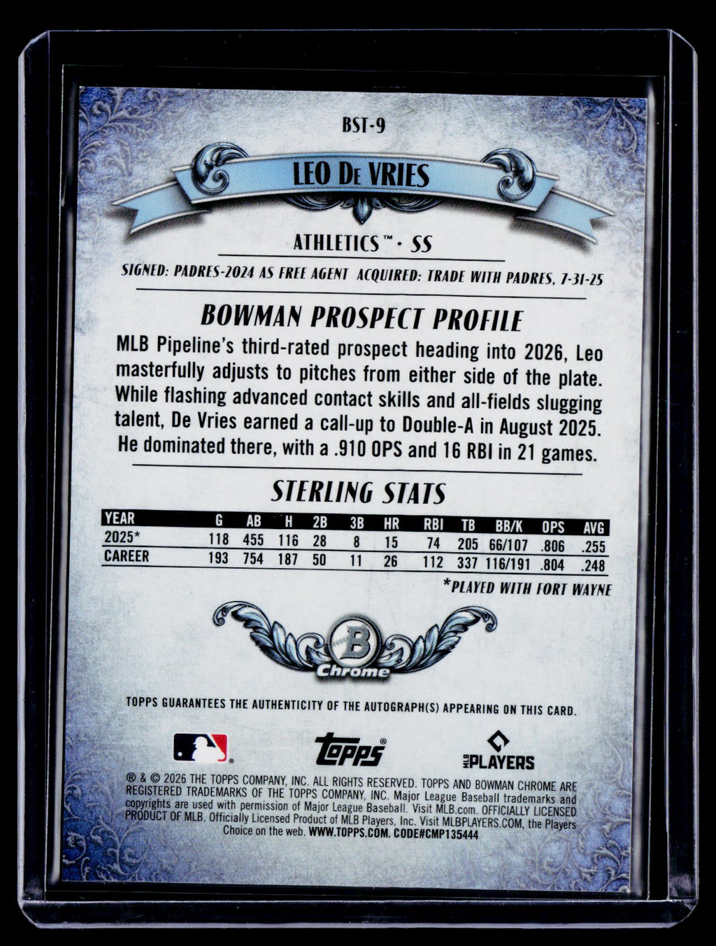2026 Bowman Sterling Leo De Vries Auto 054/150