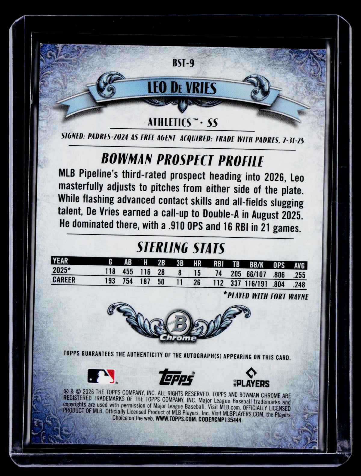 2026 Bowman Sterling Leo De Vries Auto 054/150