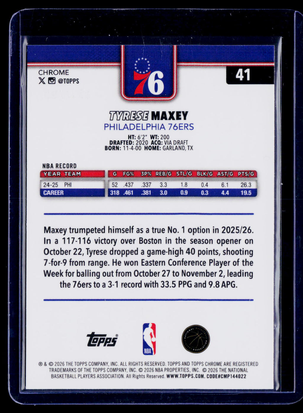 2025 Topps Chrome Update Tyrese Maxey Aqua Refractor 207/299