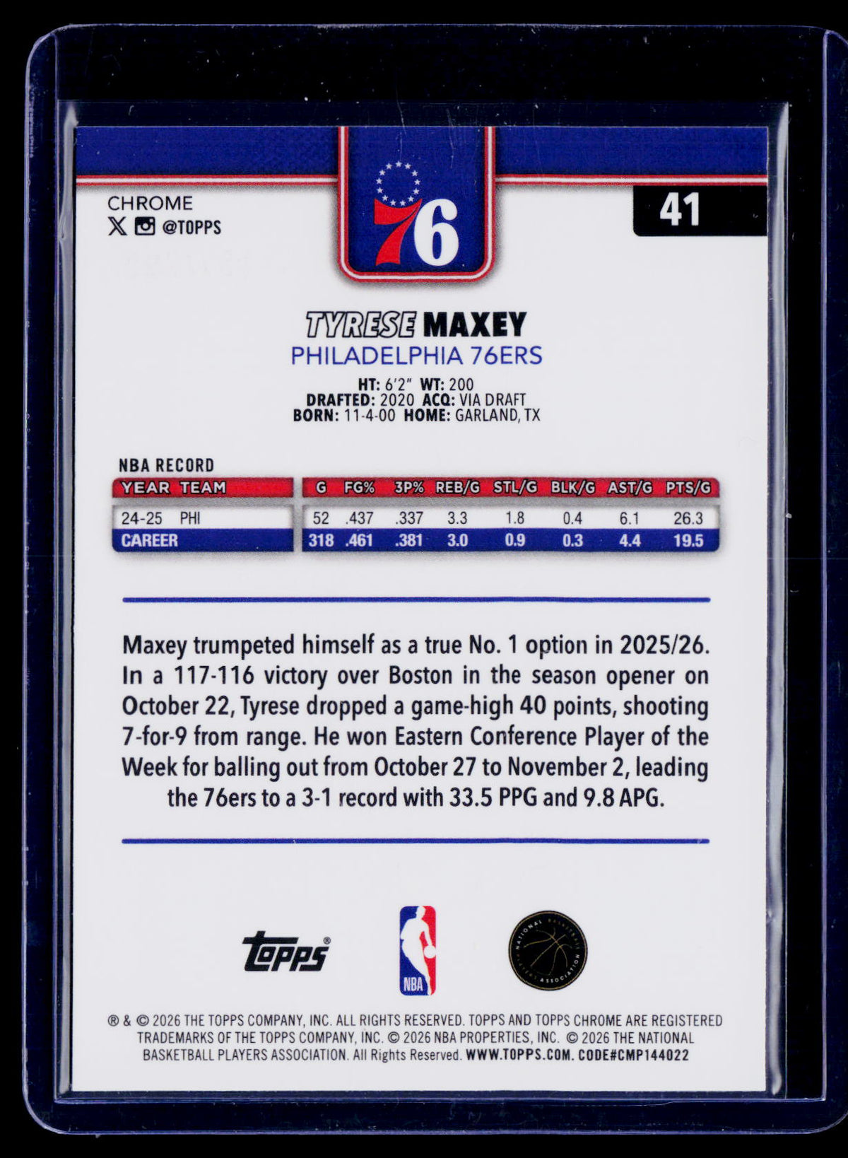 2025 Topps Chrome Update Tyrese Maxey Aqua Refractor 207/299