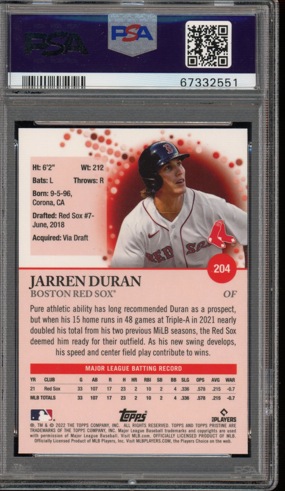 2022 Topps Pristine Jarren Duran Rookie PSA 10 RC