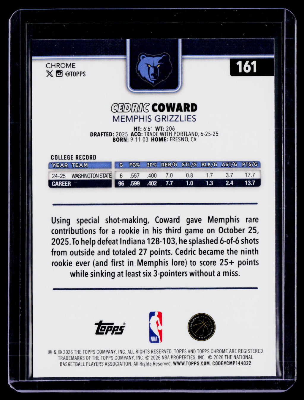2025 Topps Chrome Update Cedric Coward Rookie Geometric Refractor 20/99 RC