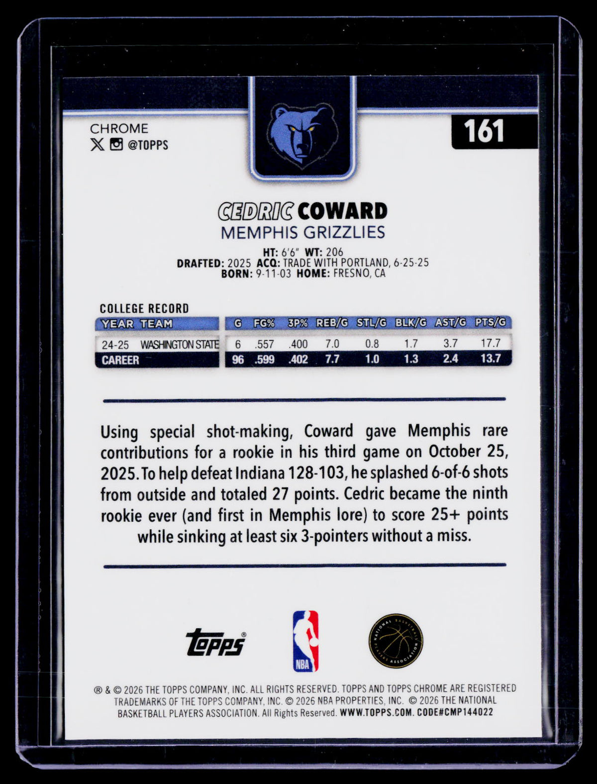 2025 Topps Chrome Update Cedric Coward Rookie Geometric Refractor 20/99 RC