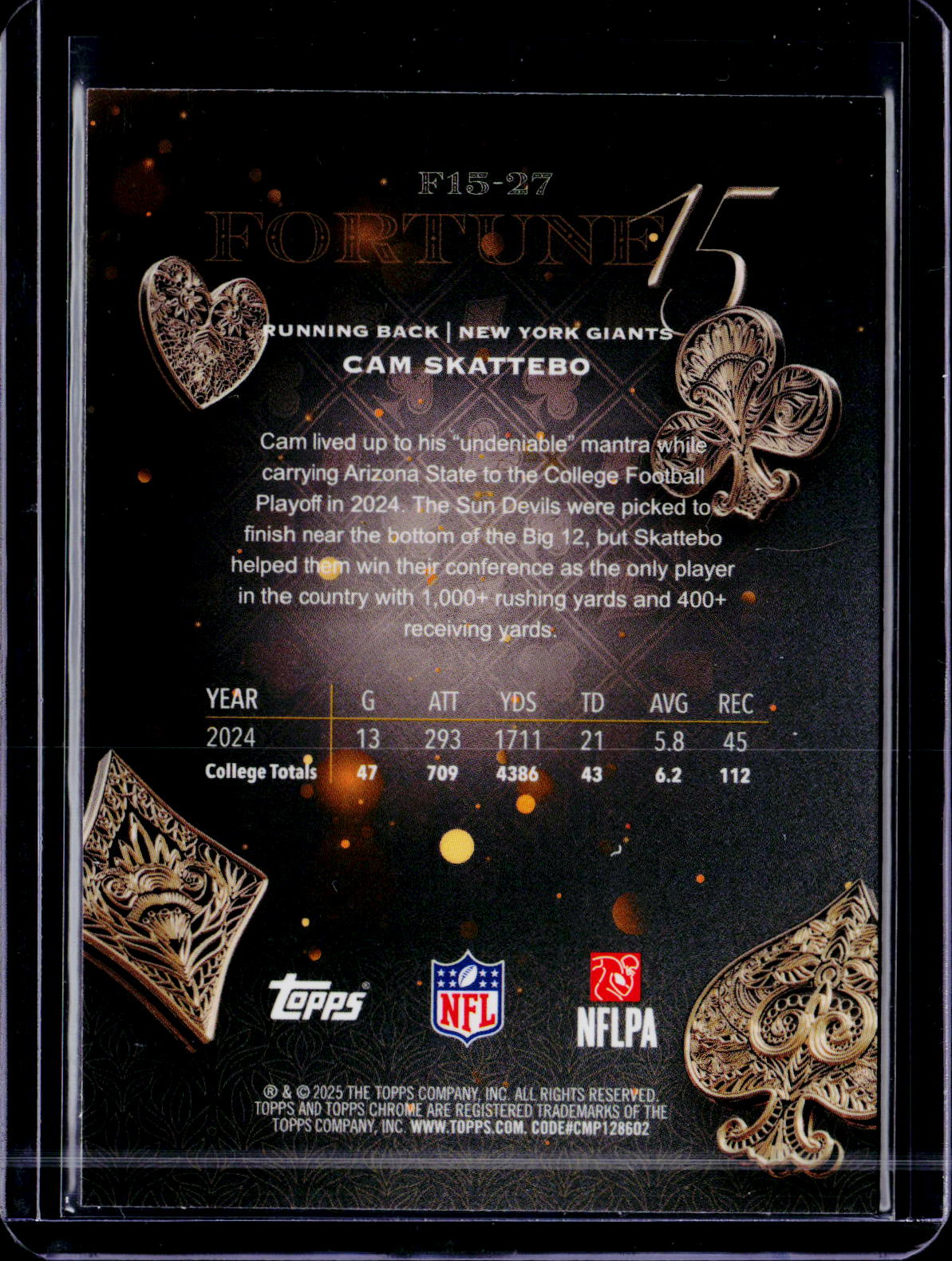 2025 Topps Chrome Cam Skattebo Fortune 15 Yellow /275