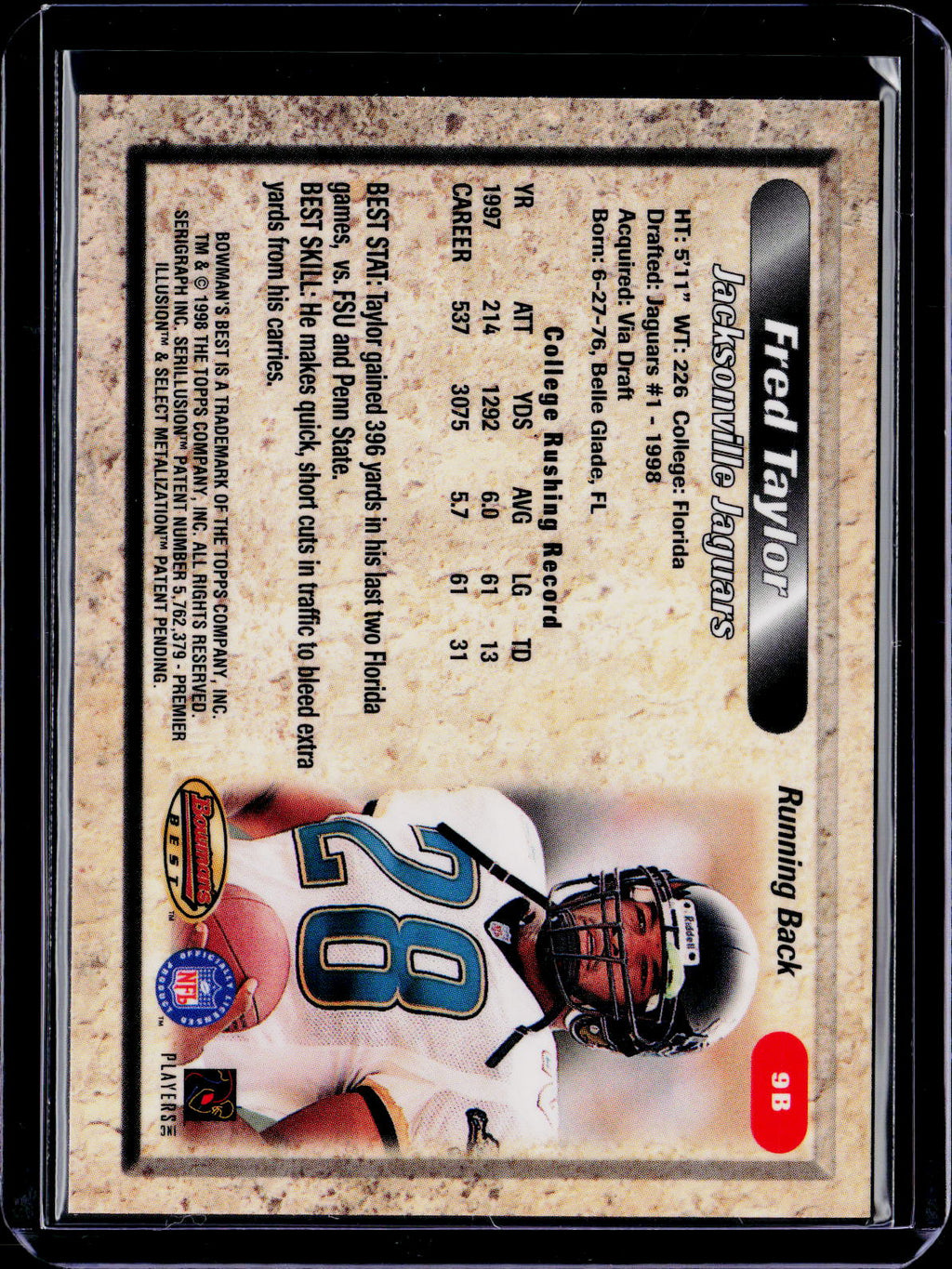 1998 Bowman's Best Fred Taylor Certified Autograph Auto