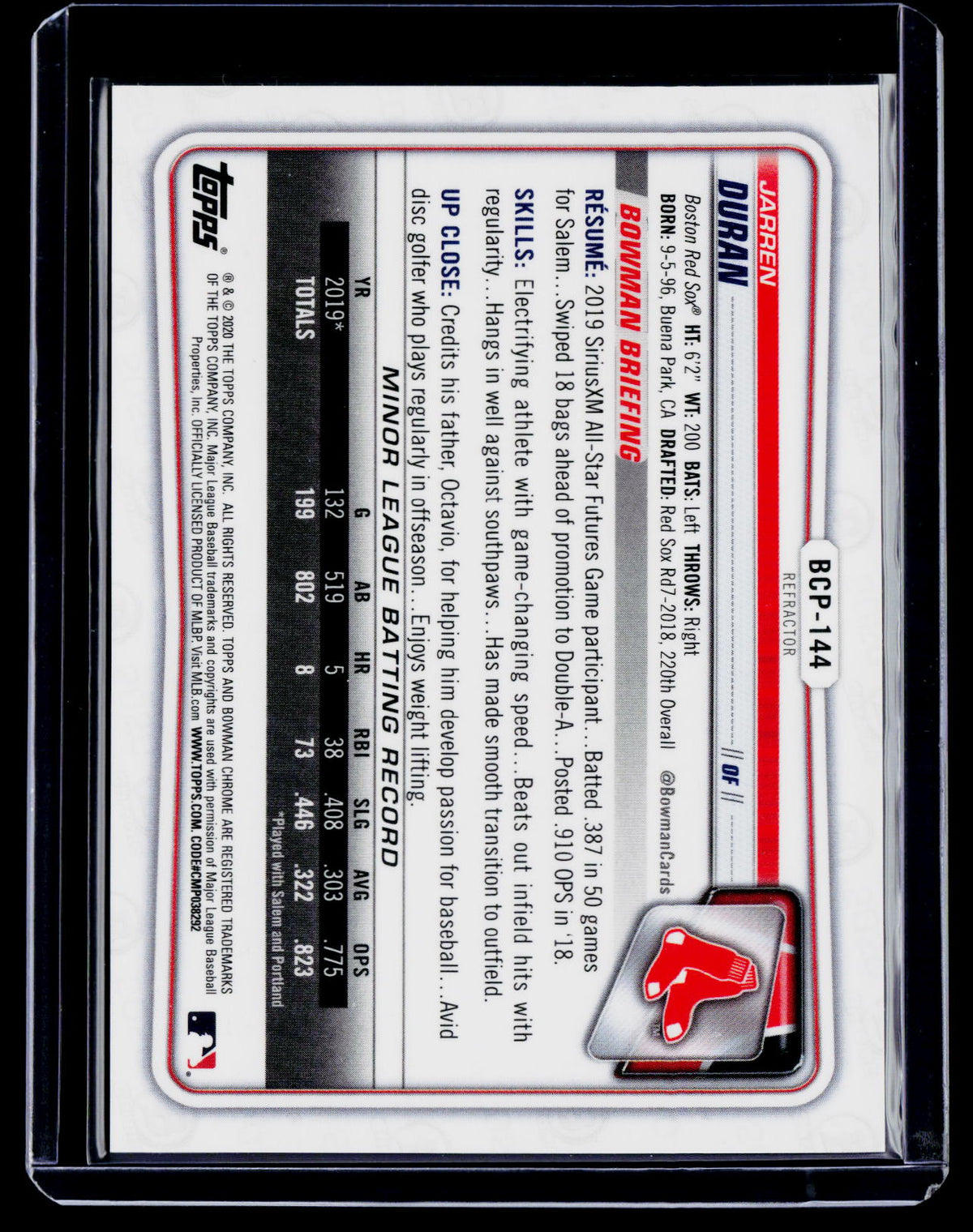 2020 Bowman Jarren Duran 1st Bowman Refractor 4/499