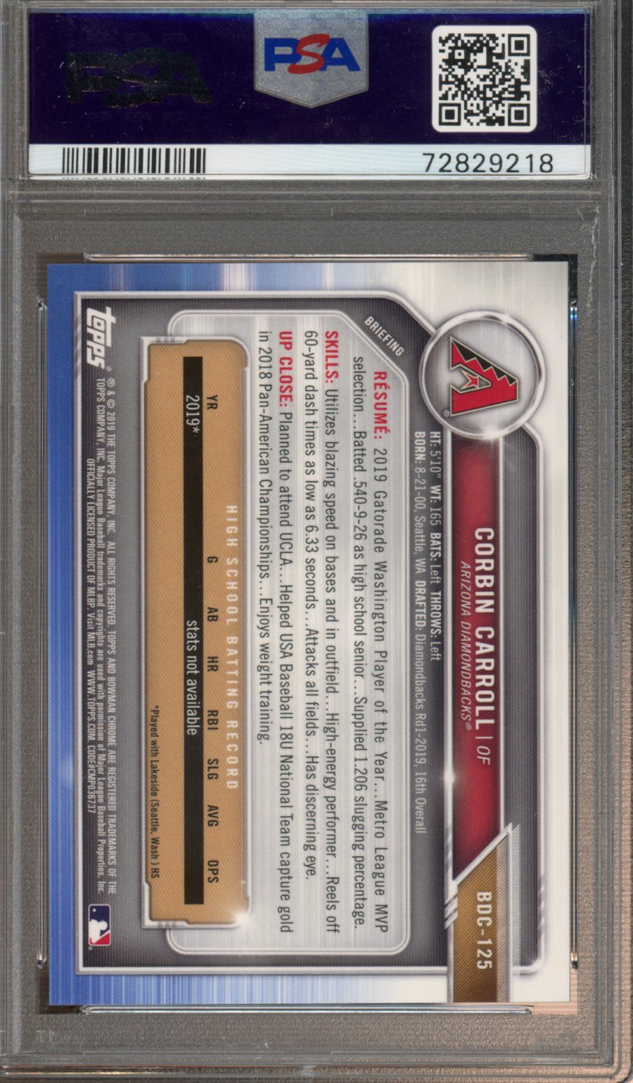 2019 Bowman Draft Corbin Carroll Chrome Asia Refractor PSA 10
