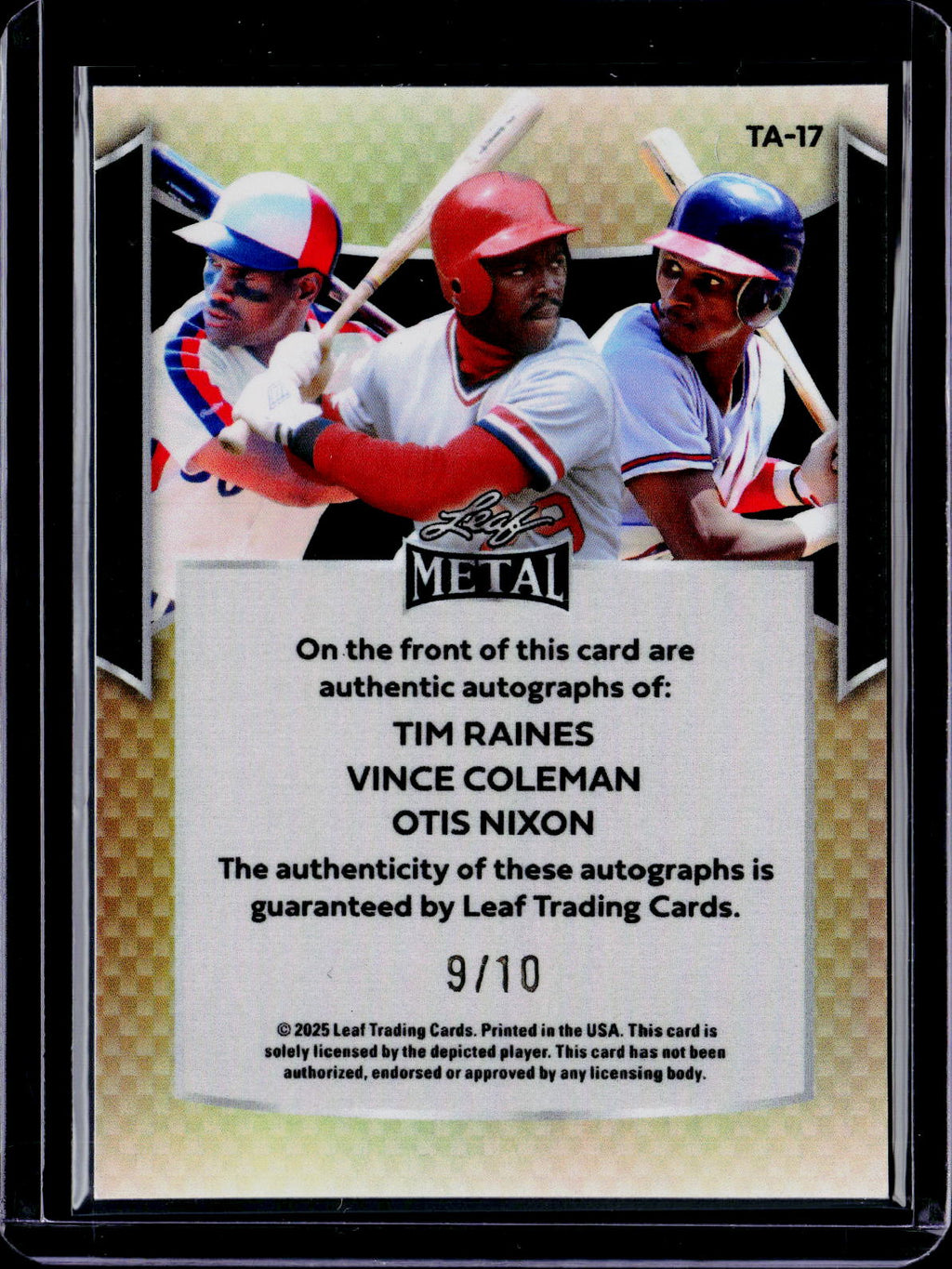 2025 Leaf Metal Time Raines Vince Coleman Otis Nixon Triple Auto 9/10