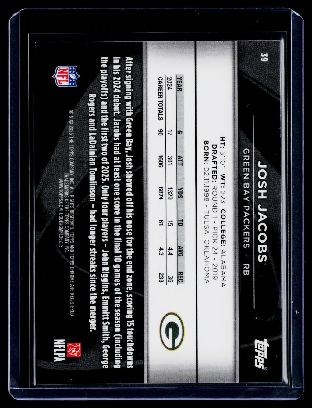 2025 Topps Chrome Black Josh Jacobs Purple Refractor 72/75