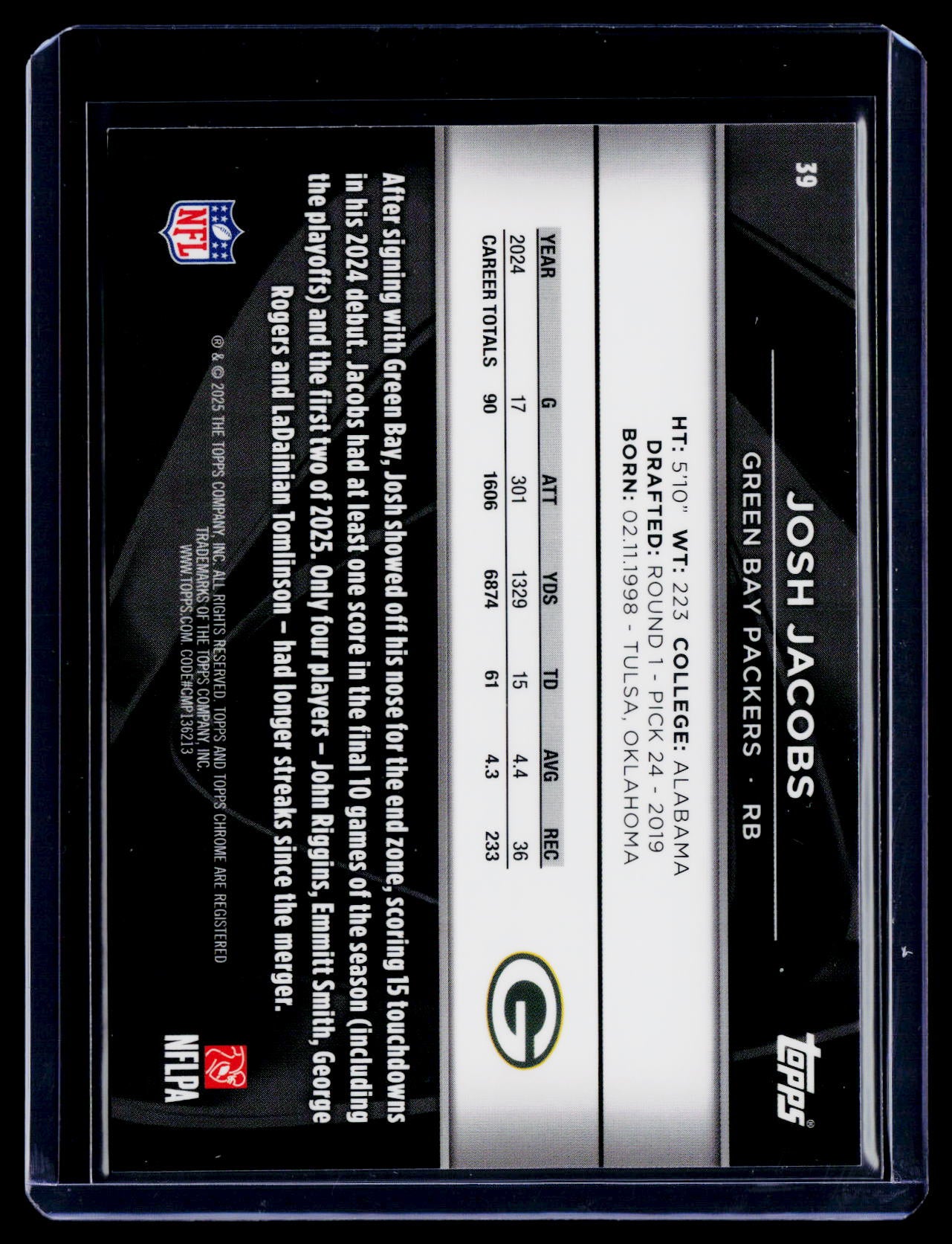 2025 Topps Chrome Black Josh Jacobs Purple Refractor 72/75