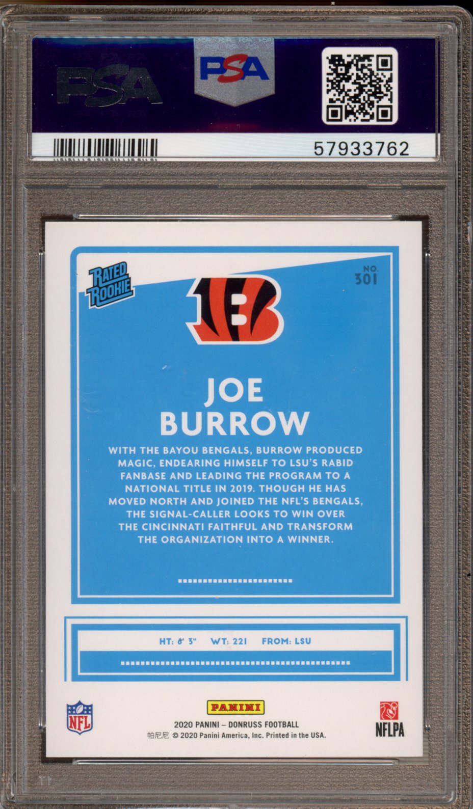 2020 Donruss Joe Burrow Rookie PSA 9 RC