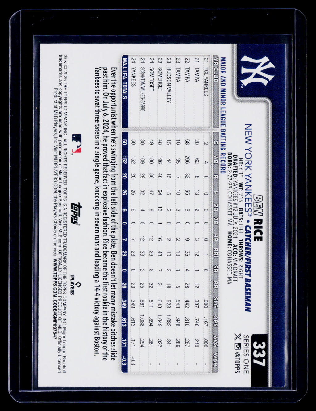 2025 Topps Series 1 Ben Rice Rookie Ice RC
