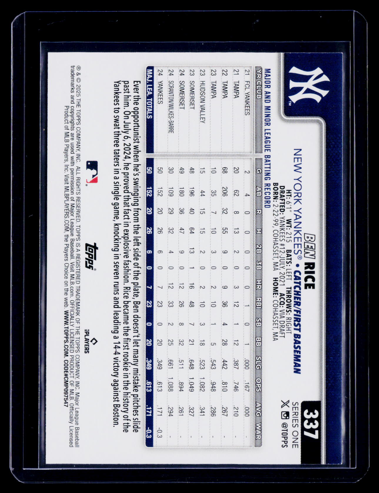 2025 Topps Series 1 Ben Rice Rookie Ice RC