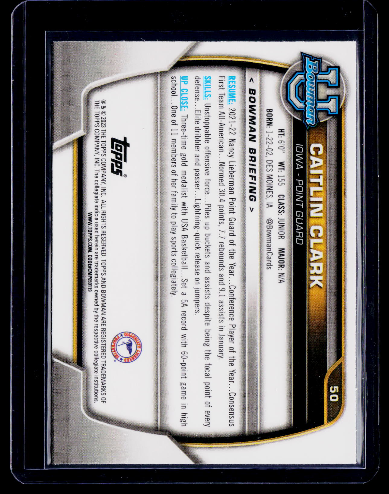 2023 Bowman University Caitlin Clark RC