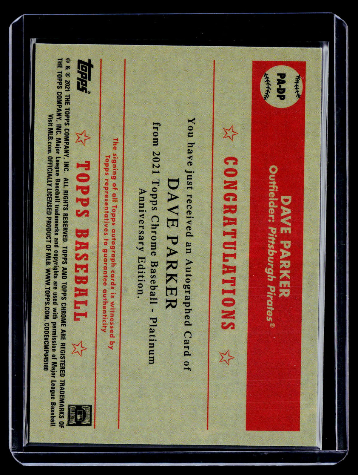 2021 Topps Chrome Platinum Anniversary Dave Parker Auto