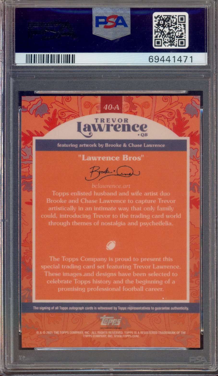 2021 Topps x T. Lawrence Trevor Lawrence Auto Purple 8/44 PSA 10