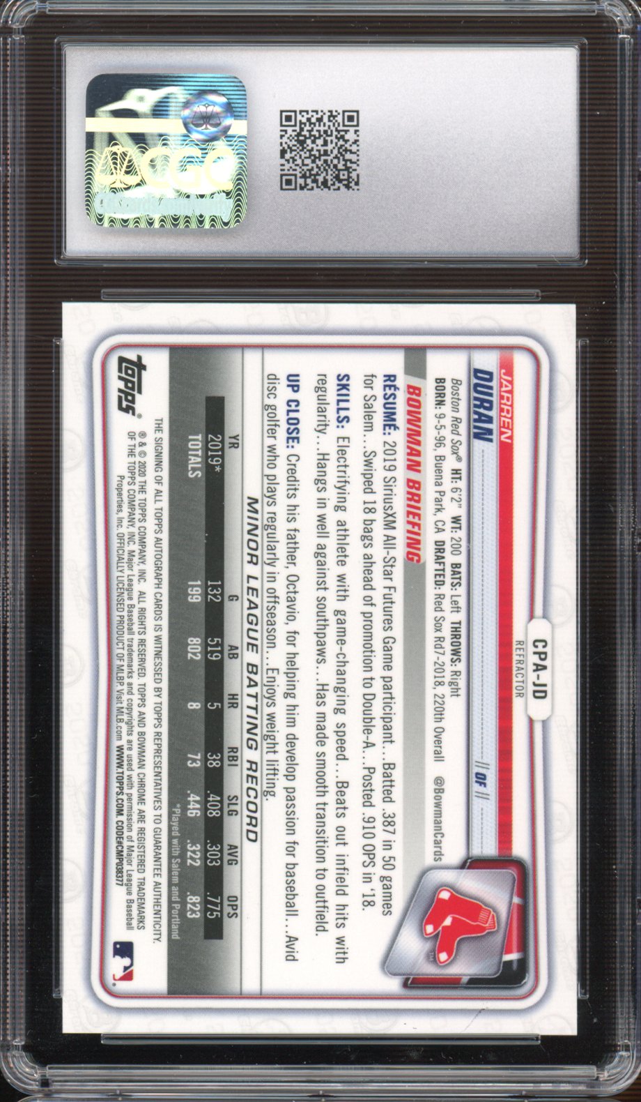 2020 Bowman Jarren Duran Chrome Prospects Refractor Auto 194/499 CGC 9 Auto 10