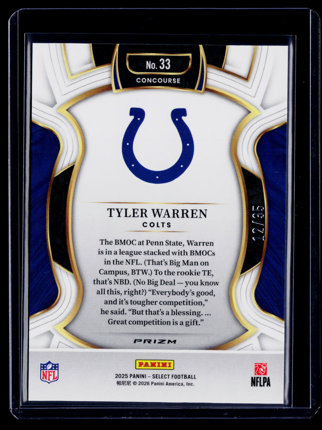 2025 Select Tyler Warren Rookie White Prizm 12/35 RC