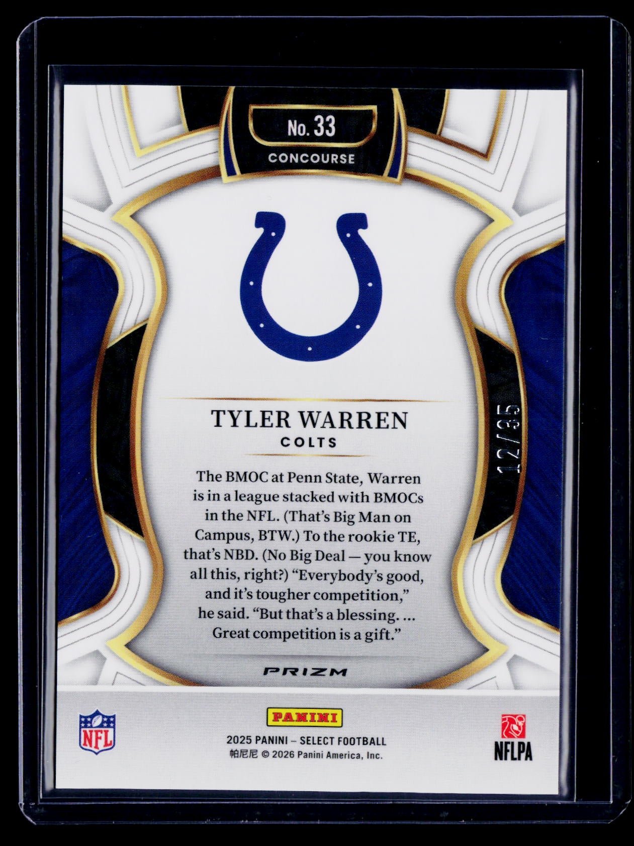 2025 Select Tyler Warren Rookie White Prizm 12/35 RC