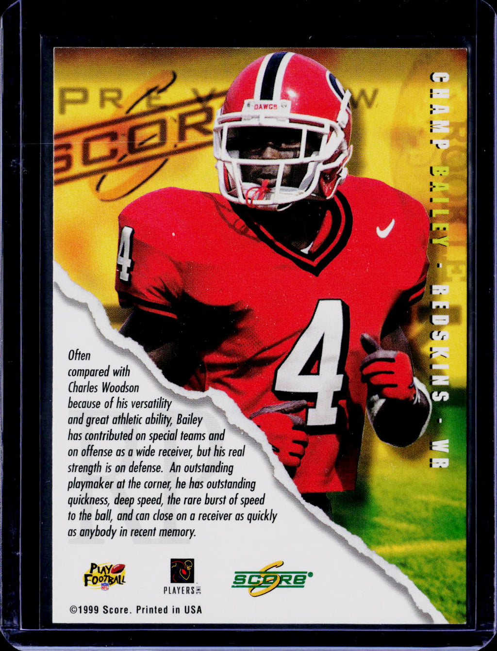 1999 Score Champ Bailey Rookie Authentic Score Signatures Auto RC