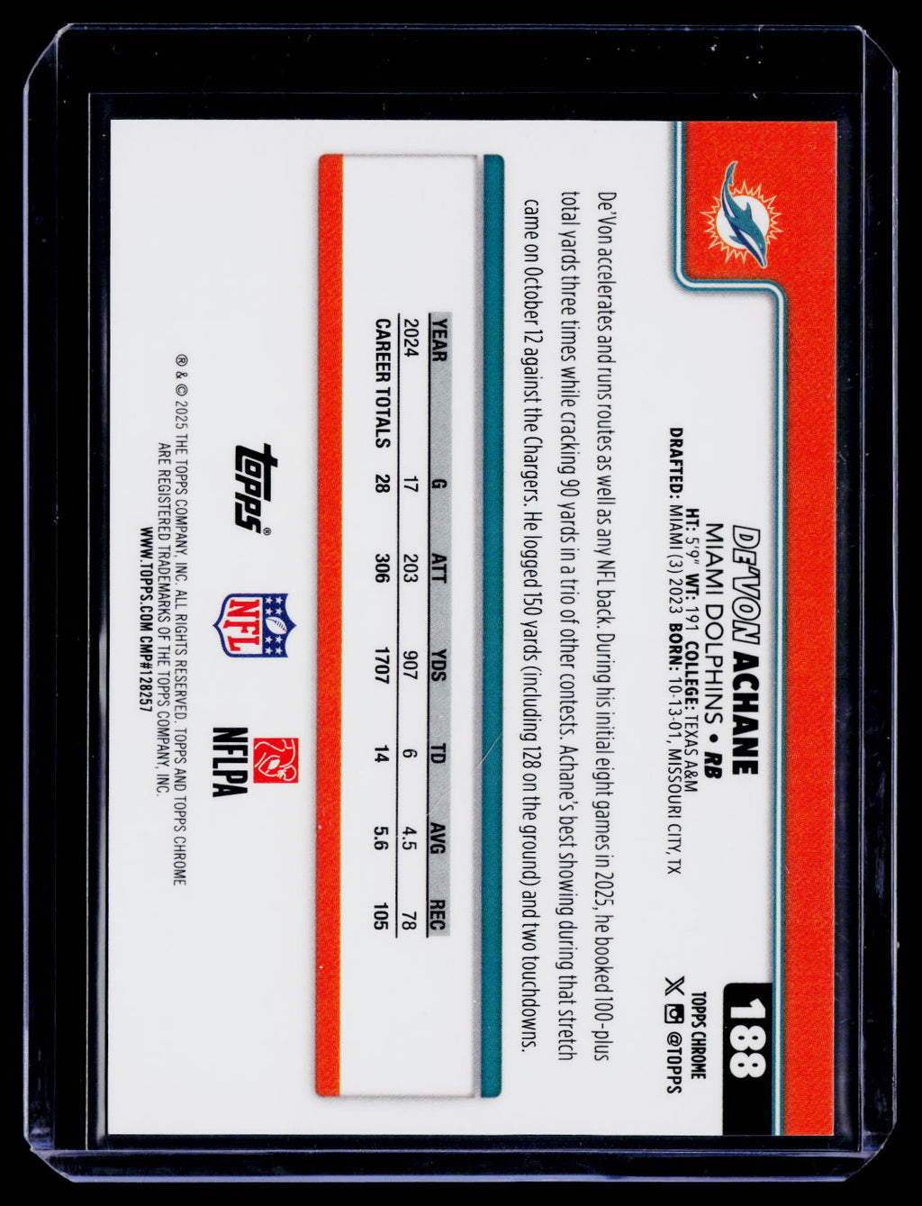 2025 Topps Chrome DeVon Achane Orange Football Leather 17/25