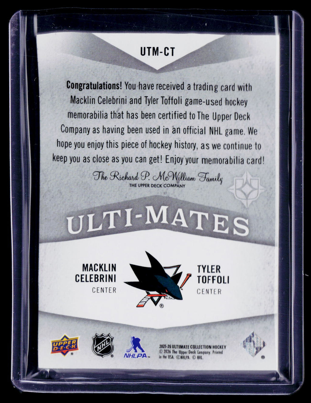 2025-26 Ultimate Collection Macklin Celebrini / Tyler Toffoli Dual Patch