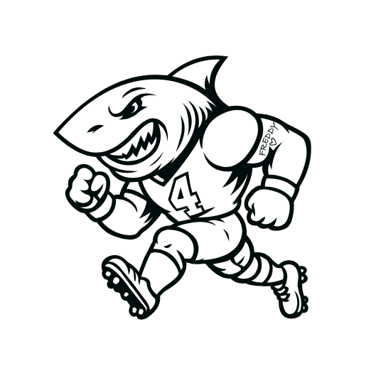 Freddy the cartoon shark in a football uniform running on a white background