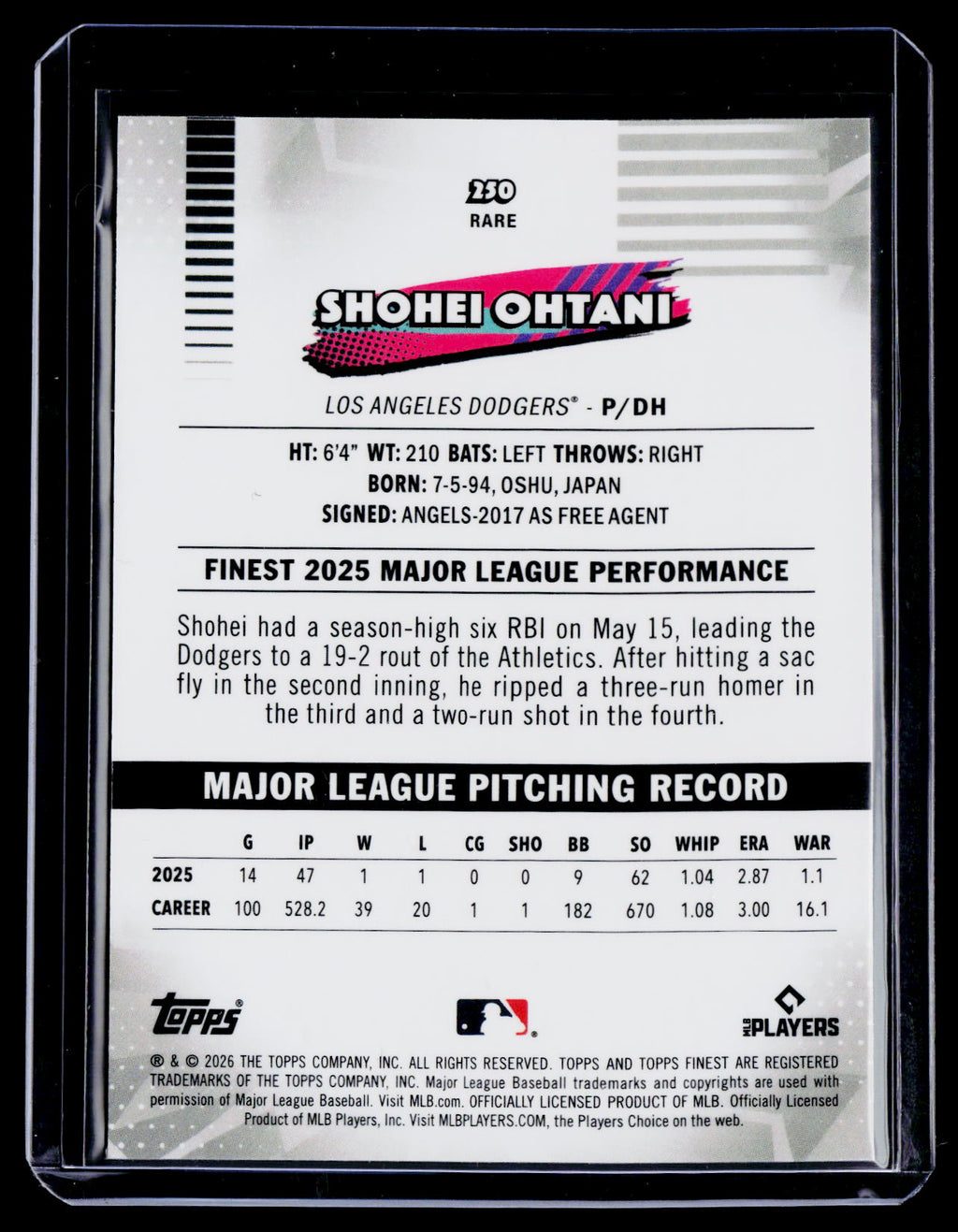 2026 Topps Finest Shohei Ohtani Pink Refractor Mini Diamond 39/250