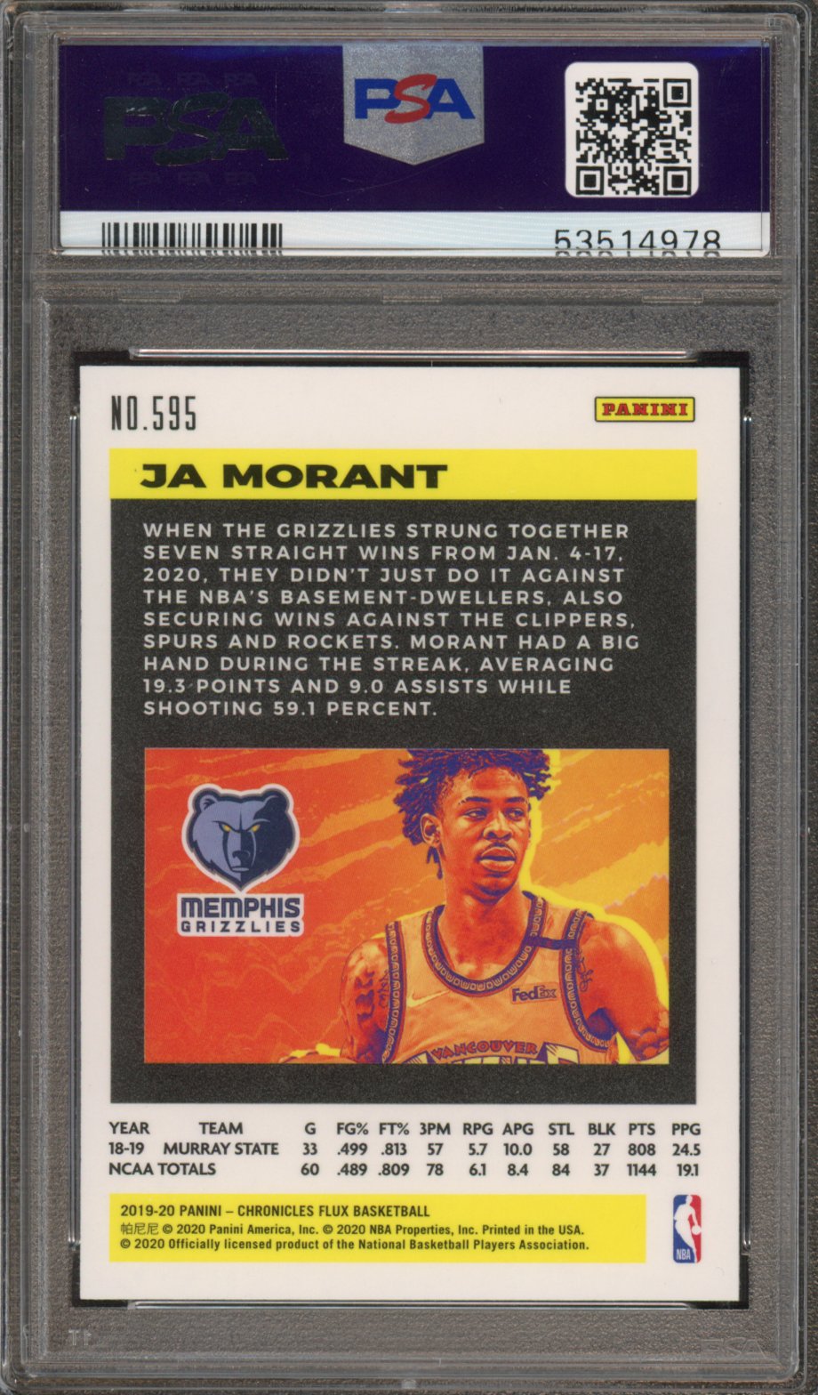 2019 Chronicles Ja Morant Rookie PSA 10 RC