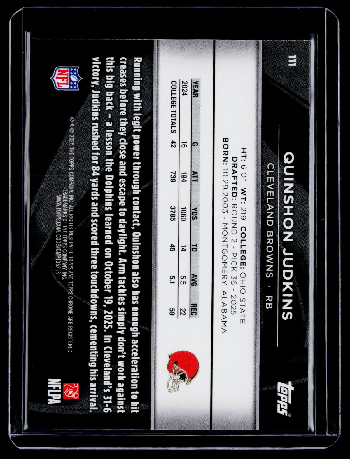 2025 Topps Chrome Black Quinshon Judkins Rookie Gold Refractor 1/50 RC