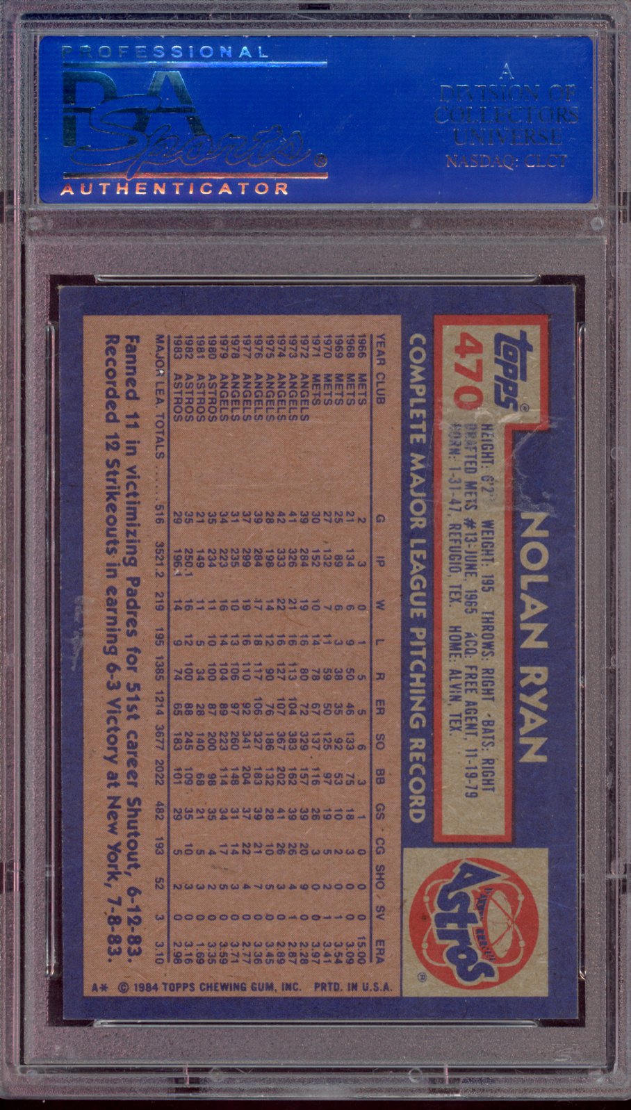 1984 Topps Nolan Ryan PSA 8