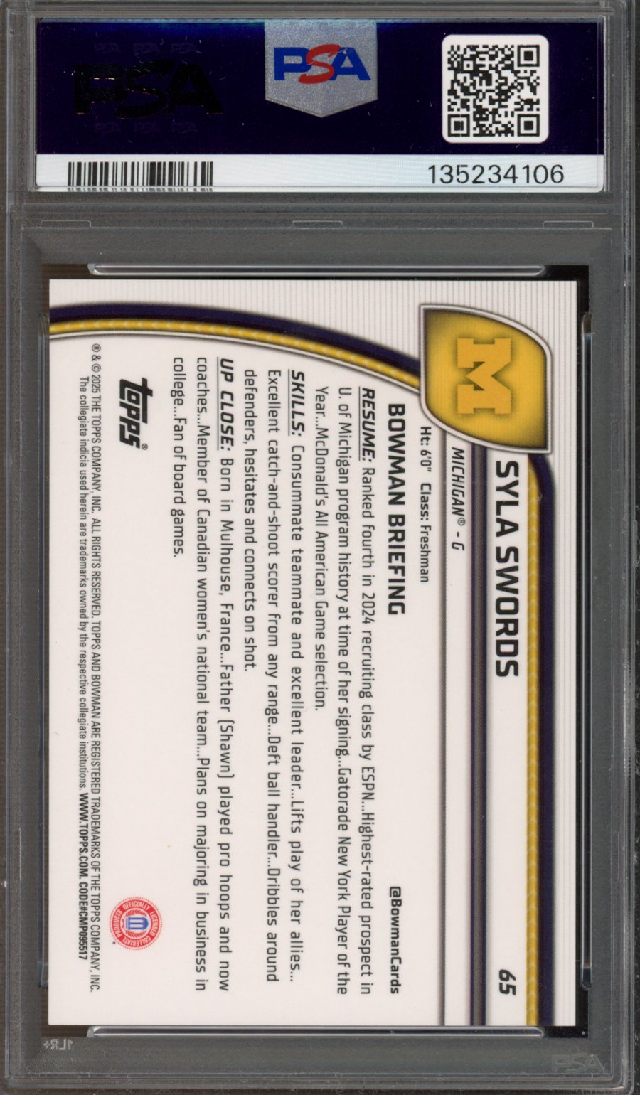 2024 Bowman Chrome University Syla Swords Gold Refractor 22/50 PSA 10