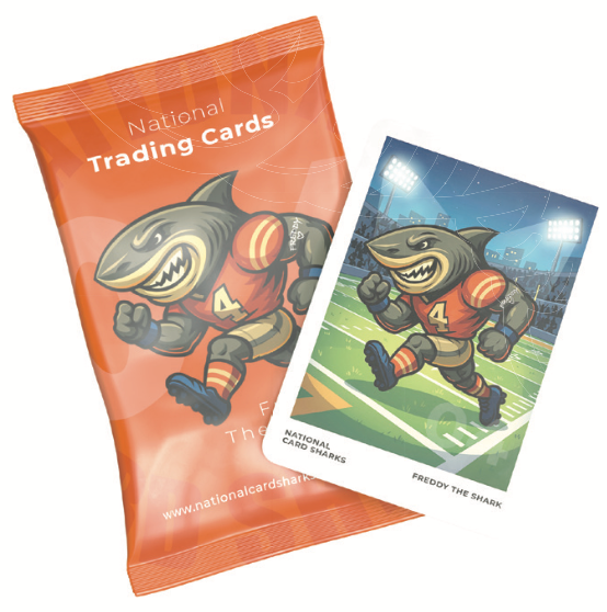 Trading card pack with a shark character on an orange background