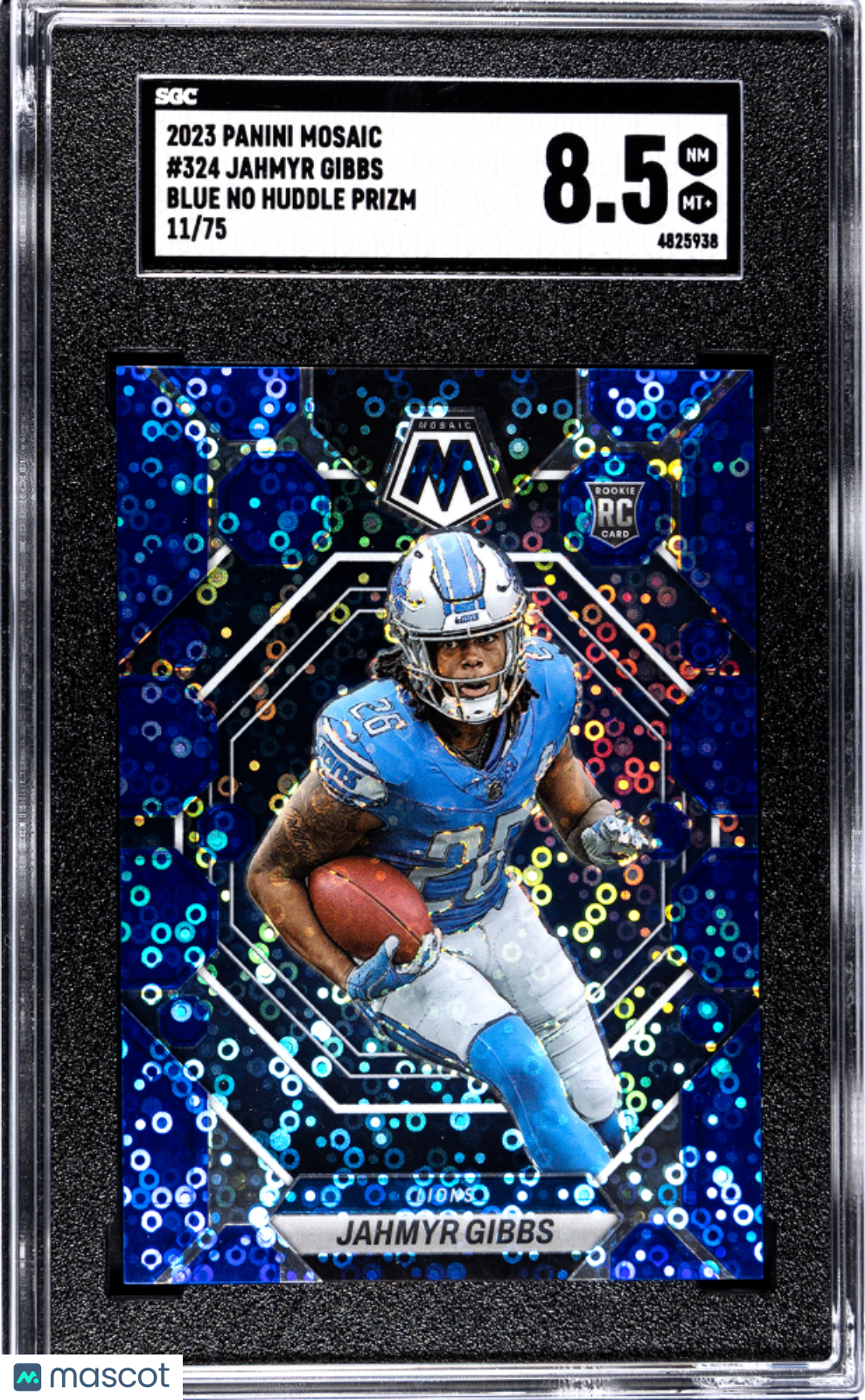 2023 Panini Mosaic Jahmyr Gibbs #324 Blue No Huddle Prizm 75 SGC 8.5