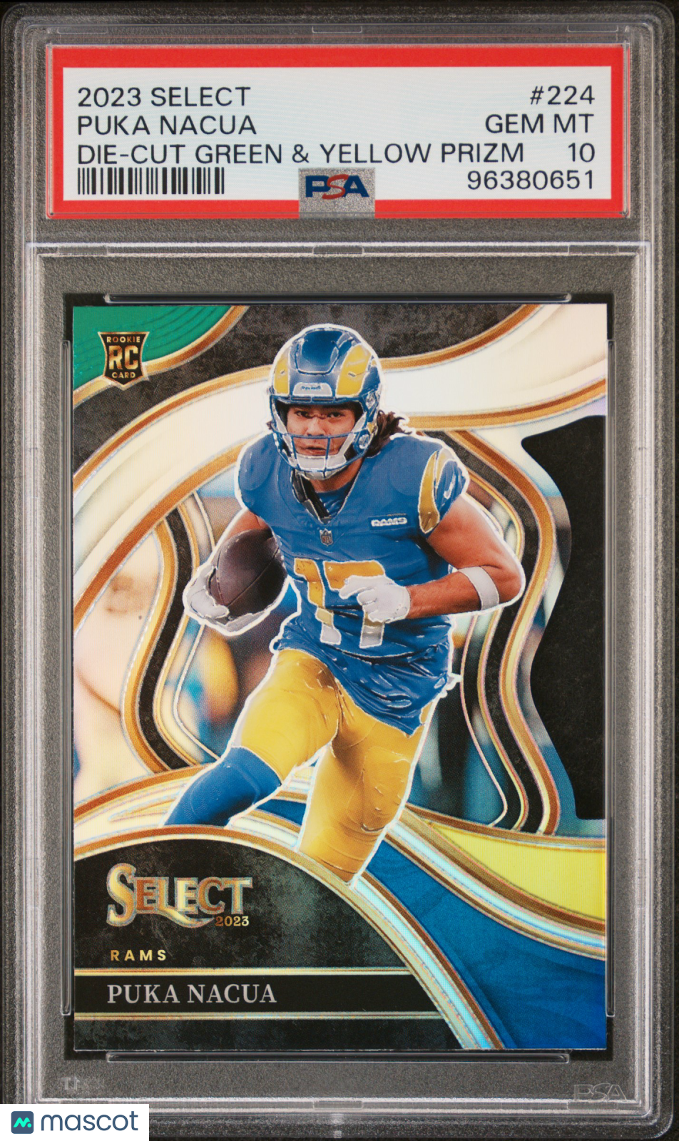 2023 Panini Select Puka Nacua #224 Die Cut Green & Yellow Prizm PSA 10