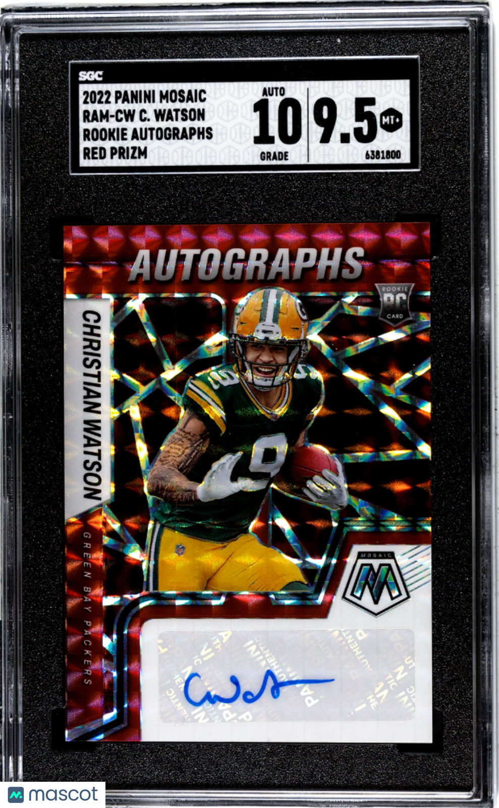 2022 Panini Mosaic Christian Watson #RAM-CW Rookie Autos. Red Prizm SGC 9.5 Auto 10