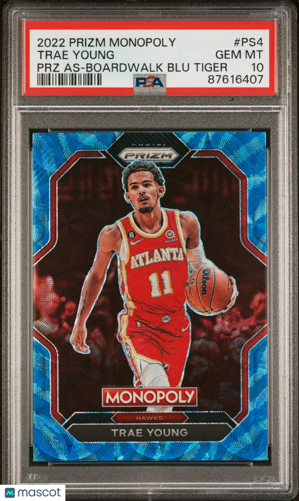 2022 Panini Prizm Monopoly Prizm All-Stars Trae Young #PS4 PRZ As Boardwalk Blu Tiger PSA 10