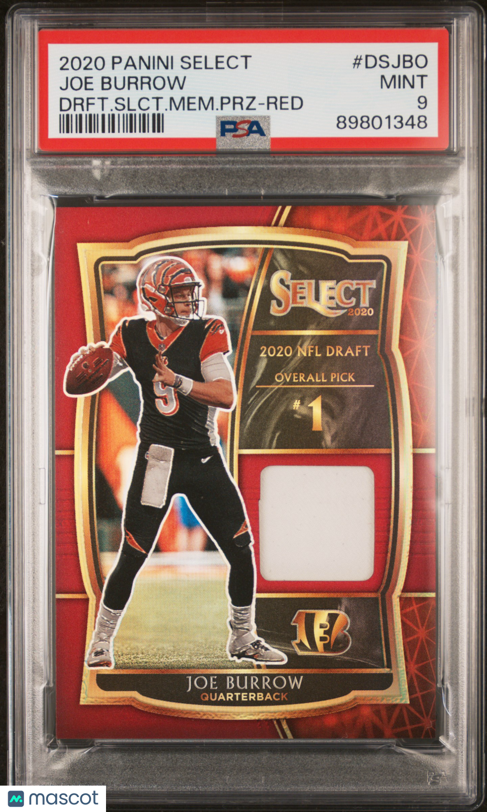 2020 Panini Select Draft Selections Memorabilia Prizm Joe Burrow #DSJBO Drft. Slct. Mem. PRZ Red PSA 9