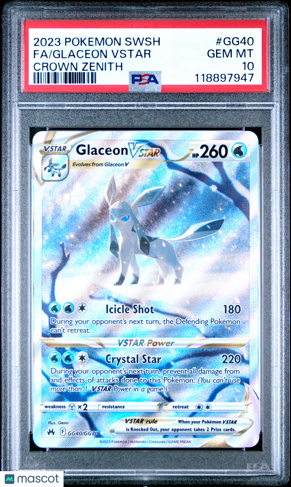2023 Pokemon SWSH FA/Glaceon V Star Crown Zenith PSA 10