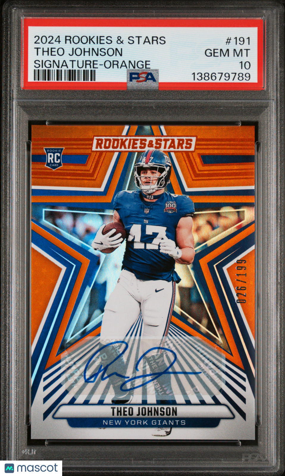 2024 Rookies and Stars Theo Johnson Rookie Orange Auto 26/199 PSA 10 RC
