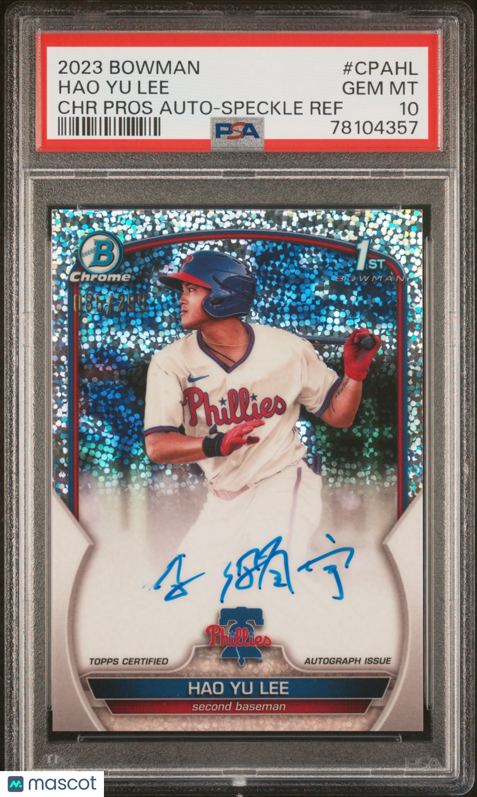 2023 Bowman Hao Yu Lee Chrome Prospect Speckle Refractor Auto 85/299 PSA 10