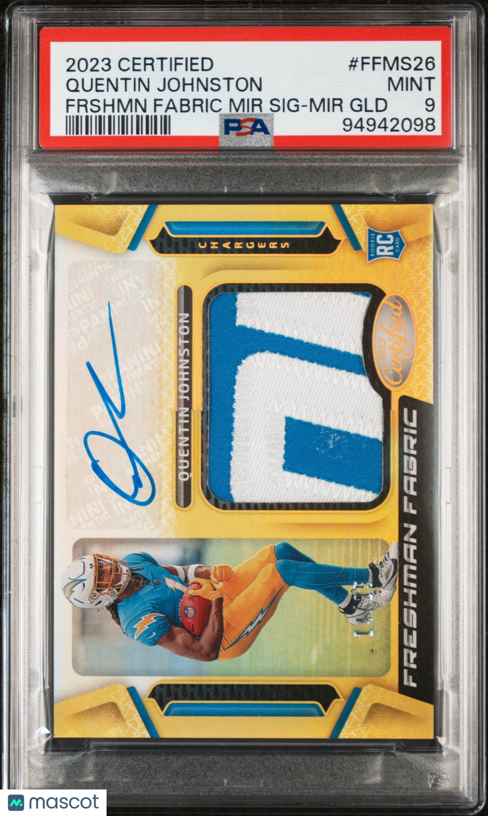 2023 Panini Certified Freshman Fabric Mirror Signature Quentin Johnston #FFMS26 Frshmn GLD PSA 9