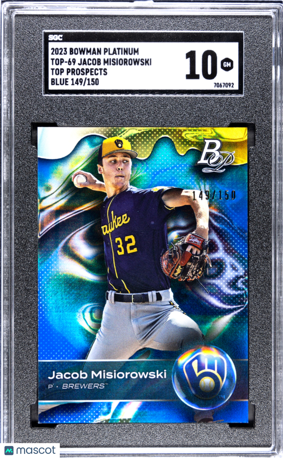 2023 Bowman Platinum Jacob Misiorowski Blue 149/150 SGC 10 2023 Bowman Platinum Jacob Misiorowski #TOP-69 Top Pros. Blue 150 SGC 10
