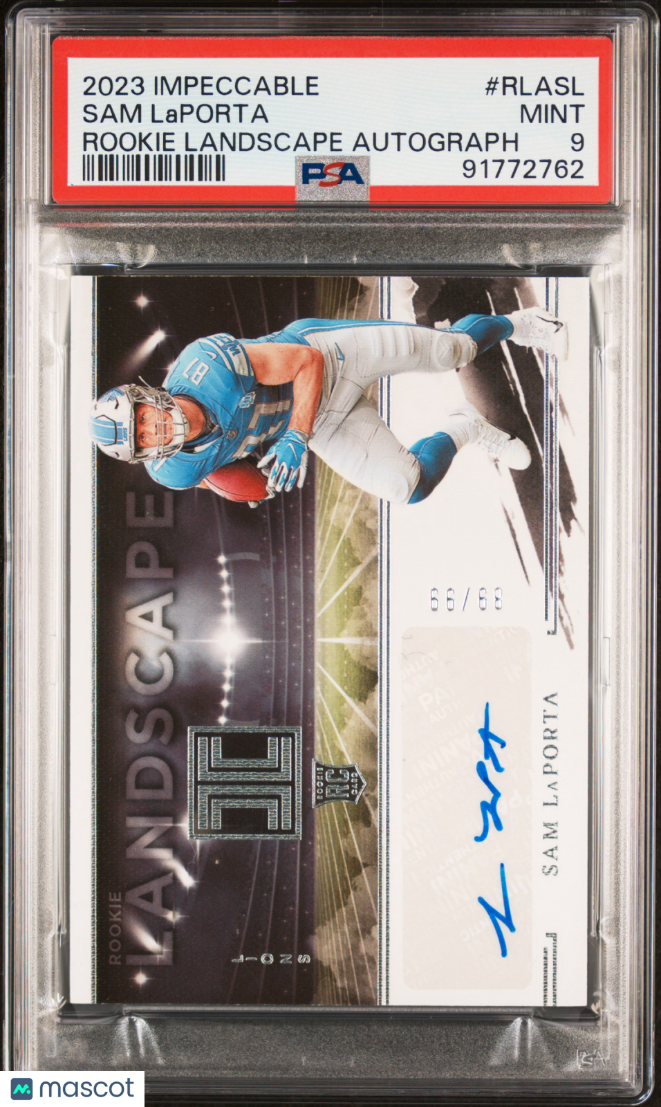 2023 Panini Impeccable Rookie Landscape Autographs Sam Laporta #RLASL /68 PSA 9