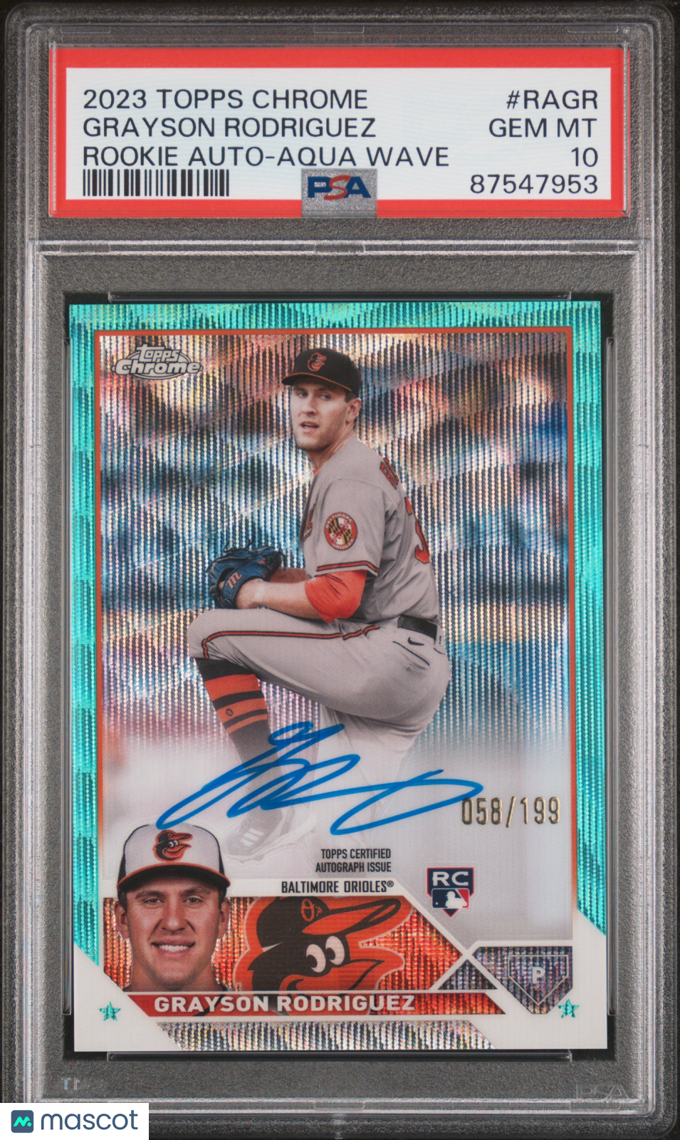 2023 Topps Chrome Grayson Rodriguez Rookie Aqua Wave Auto 58/199 PSA 10 RC