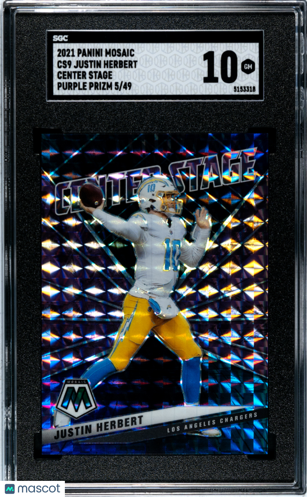 2021 Panini Mosaic Justin Herbert #CS9 Center Stage Purple Prizm 49 SGC 10