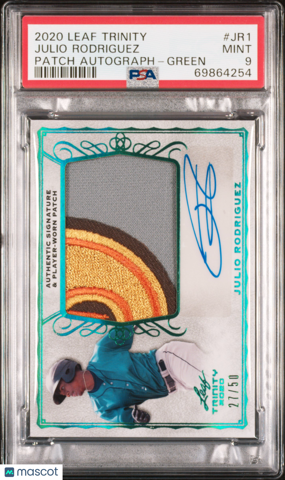 2020 Leaf Trinity Julio Rodriguez Green Patch Auto 27/50 PSA 9