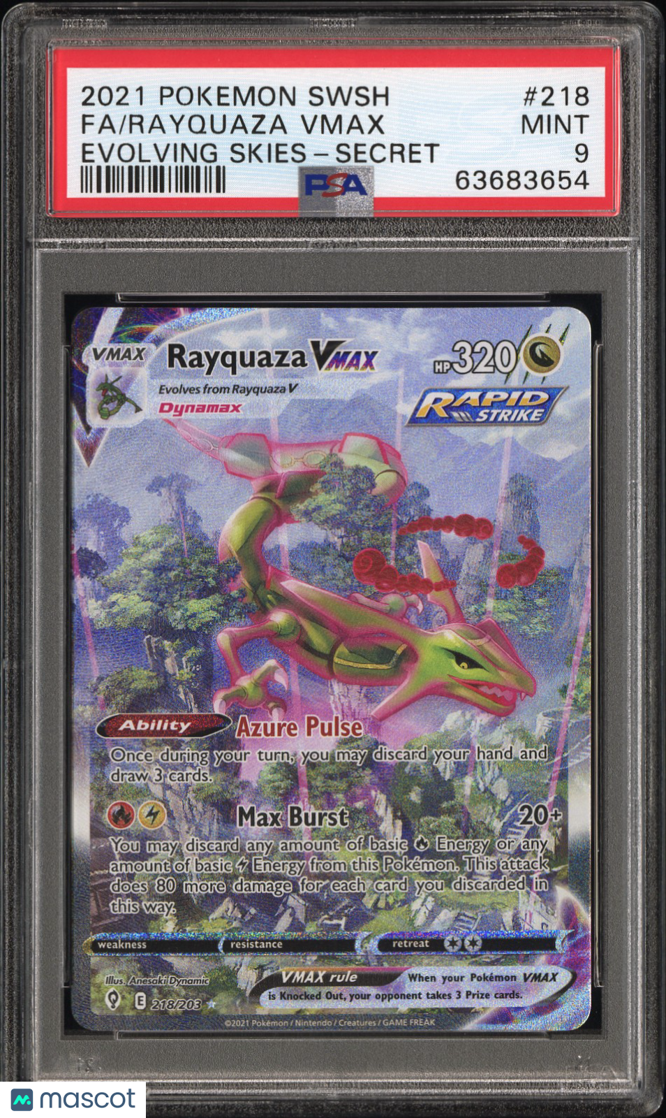 2021 Pokemon Sword & Shield Rayquaza VMAX Evolving Skies Secret PSA 9