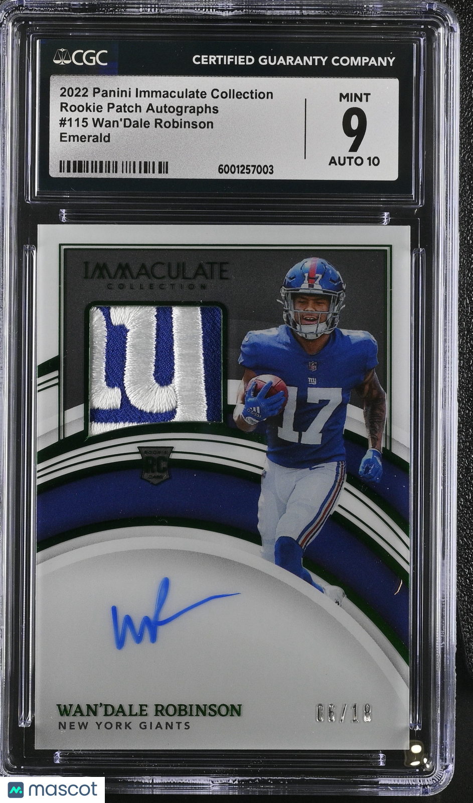 2022 Immaculate Collection Wan'Dale Robinson Rookie Patch Auto RPA 6/18 CGC 9 Auto 10 RC